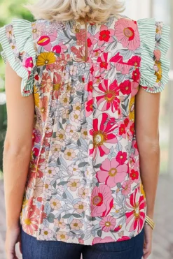 New Dear-Lover Floral Print Contrast Ruffle Trim Short Sleeve Blouse Pink