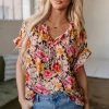 Discount Dear-Lover Floral Print Crew Neck Short Sleeve Shift Blouse Pink