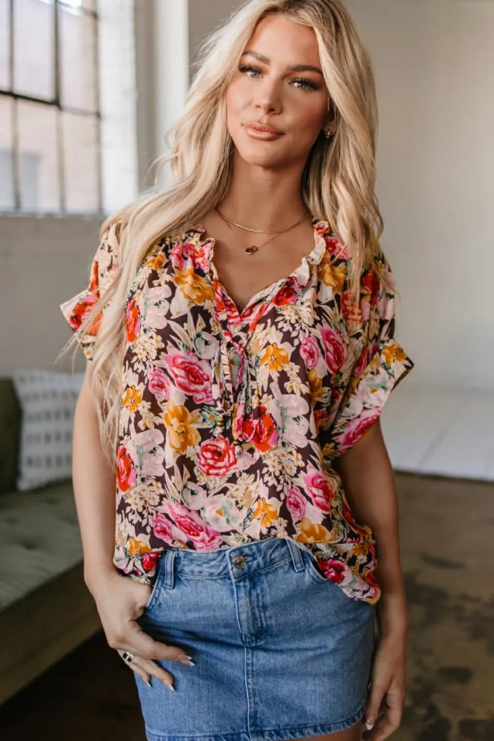 Discount Dear-Lover Floral Print Crew Neck Short Sleeve Shift Blouse Pink