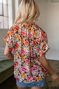 Discount Dear-Lover Floral Print Crew Neck Short Sleeve Shift Blouse Pink
