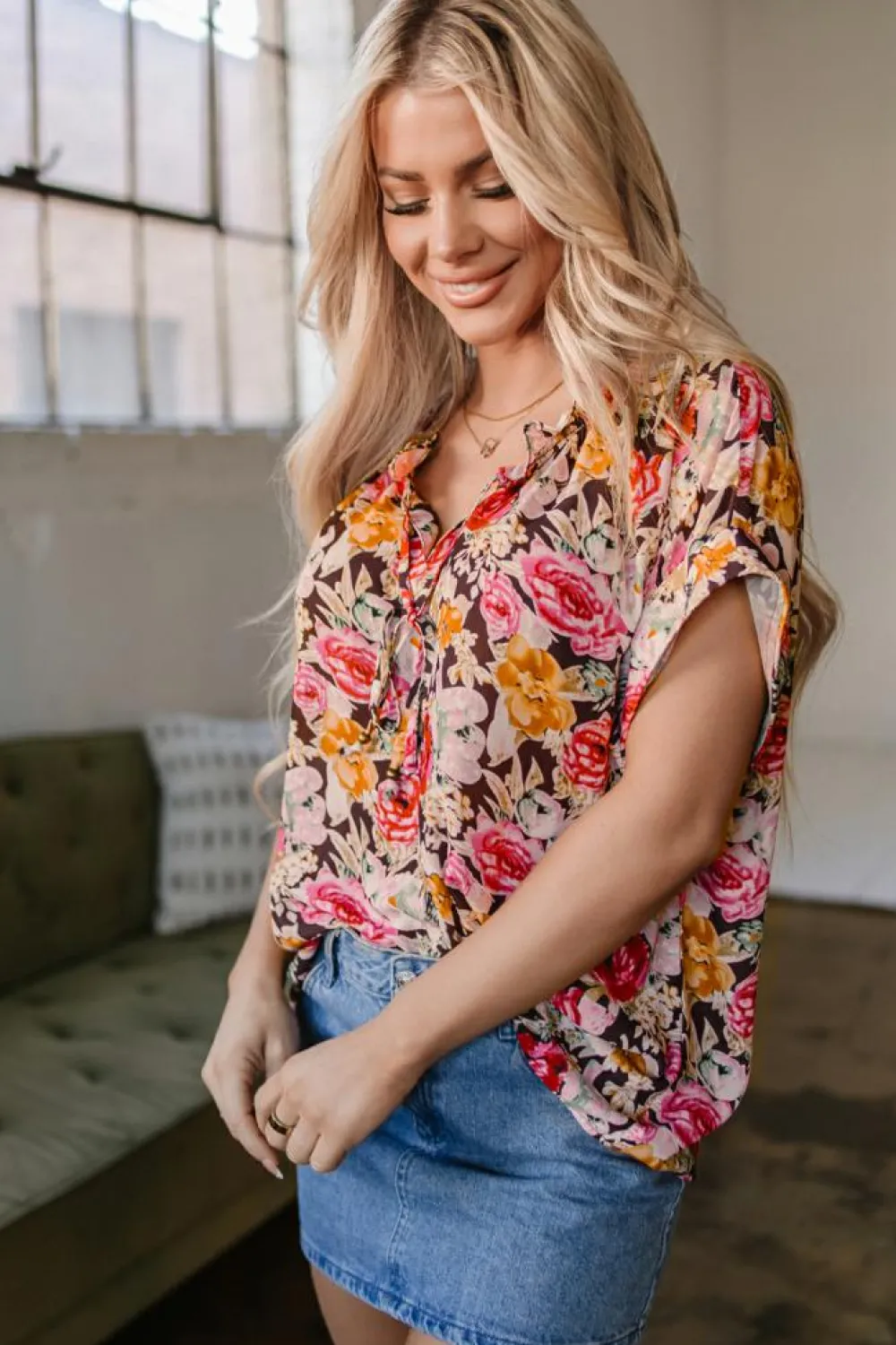Discount Dear-Lover Floral Print Crew Neck Short Sleeve Shift Blouse Pink