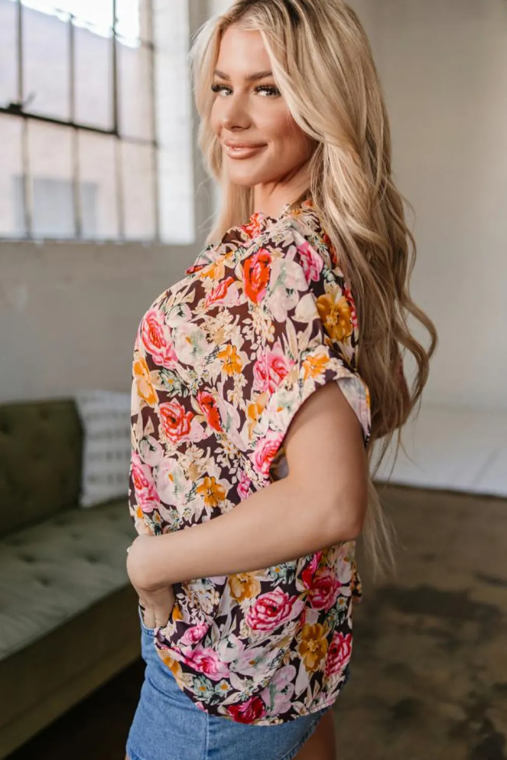 Discount Dear-Lover Floral Print Crew Neck Short Sleeve Shift Blouse Pink