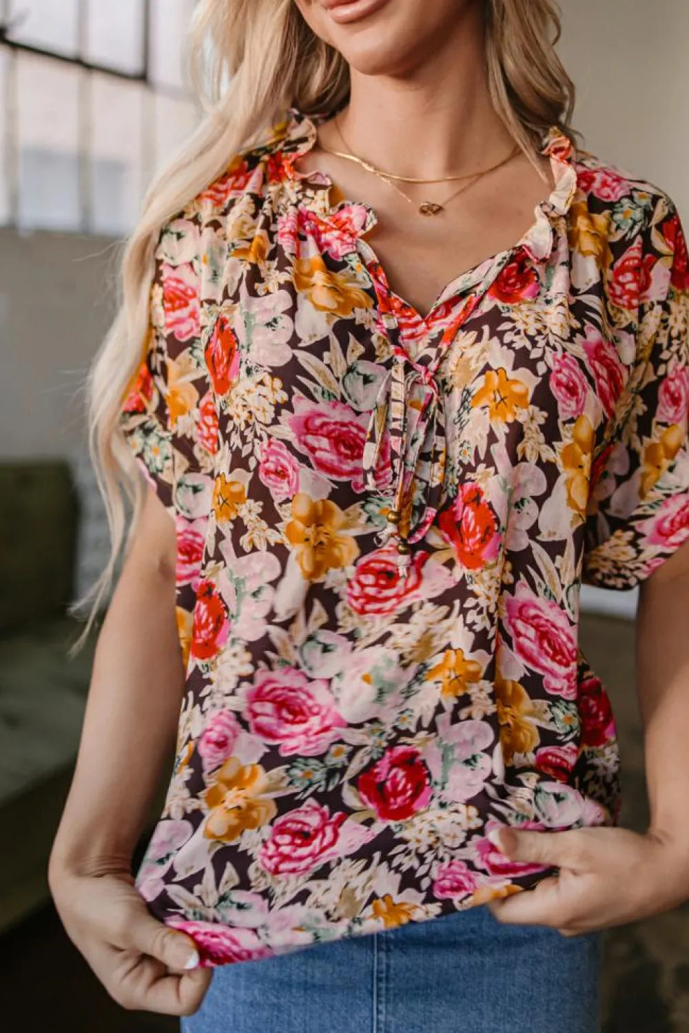 Discount Dear-Lover Floral Print Crew Neck Short Sleeve Shift Blouse Pink