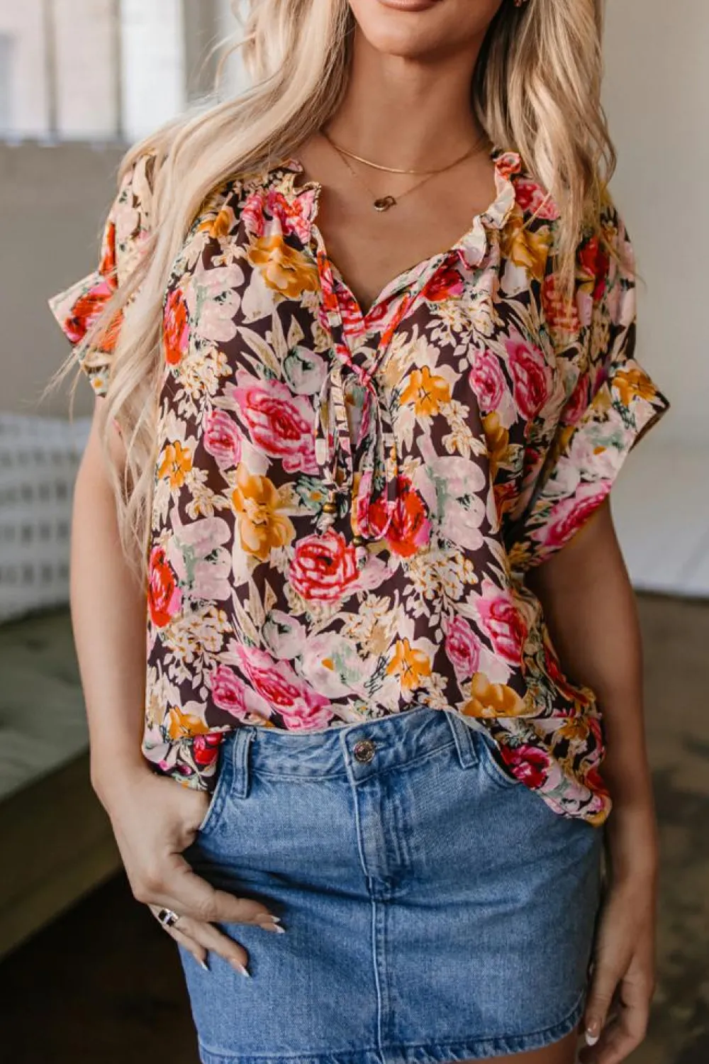 Discount Dear-Lover Floral Print Crew Neck Short Sleeve Shift Blouse Pink