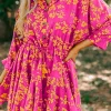 Hot Dear-Lover Floral Print Drawstring Tunic Flowy Short Dress Pink