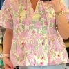 Hot Dear-Lover Floral Print Drawstring V Neck Peplum Blouse Pink