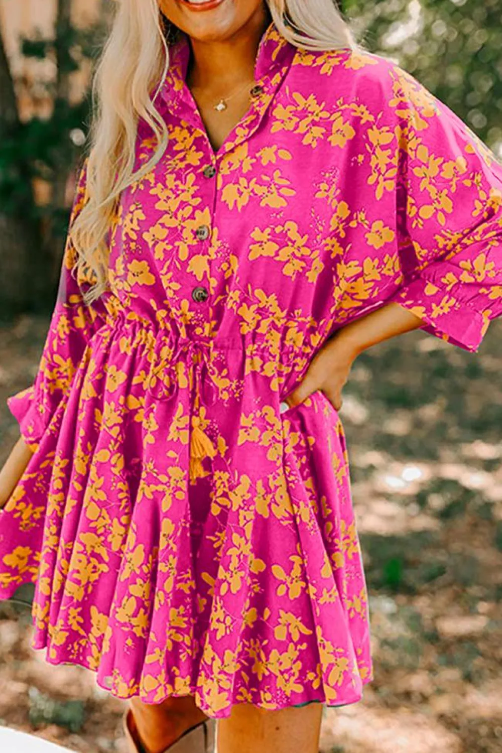 Hot Dear-Lover Floral Print Drawstring Tunic Flowy Short Dress Pink