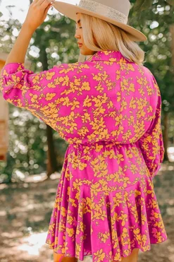 Hot Dear-Lover Floral Print Drawstring Tunic Flowy Short Dress Pink