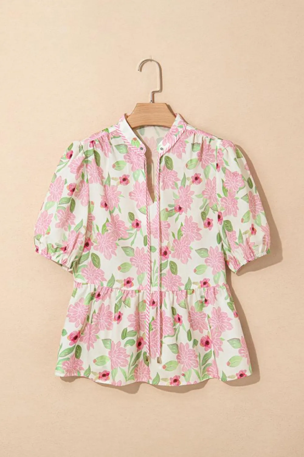 Hot Dear-Lover Floral Print Drawstring V Neck Peplum Blouse Pink