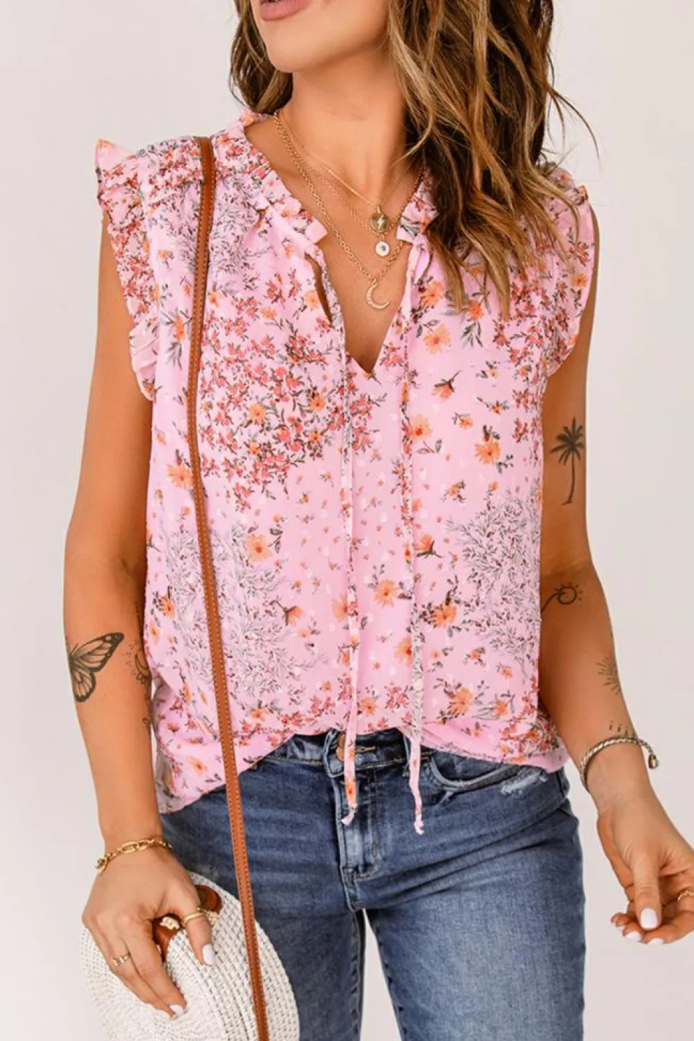 Sale Dear-Lover Floral Print Drawstring Frill Trim Sleeveless Top Pink