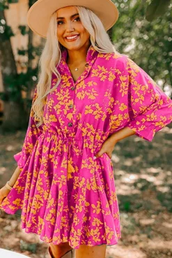 Hot Dear-Lover Floral Print Drawstring Tunic Flowy Short Dress Pink