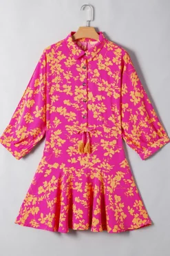 Hot Dear-Lover Floral Print Drawstring Tunic Flowy Short Dress Pink
