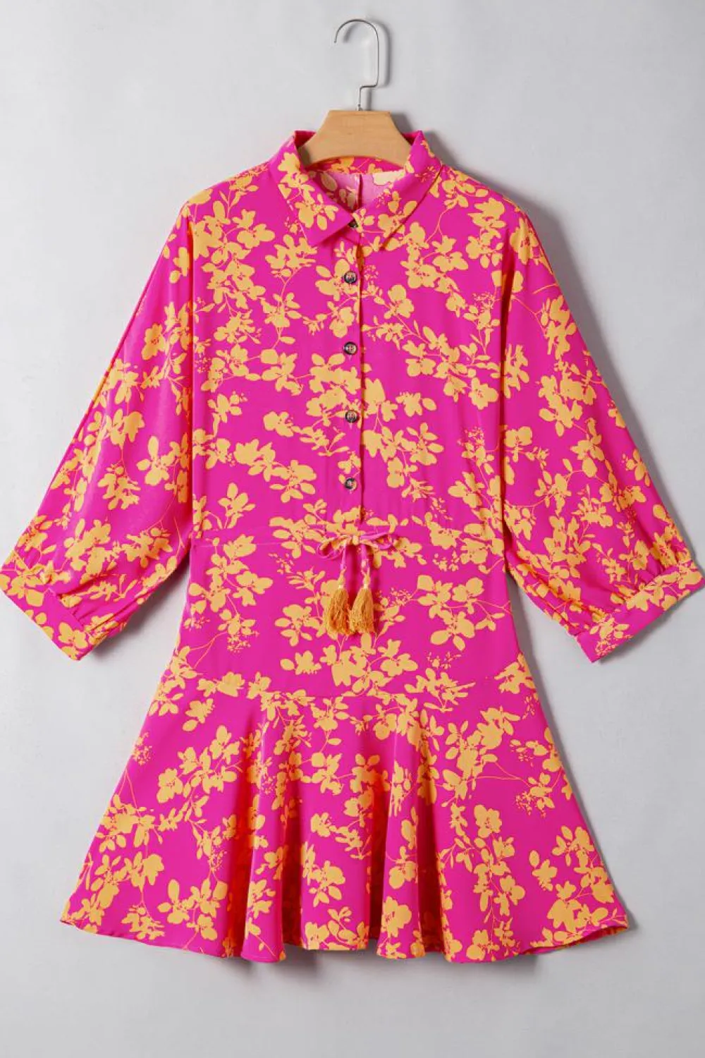 Hot Dear-Lover Floral Print Drawstring Tunic Flowy Short Dress Pink
