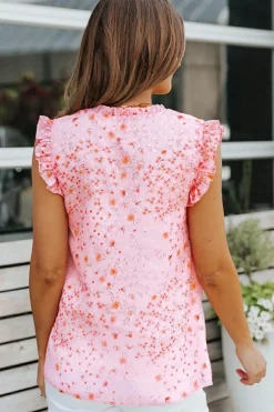 Sale Dear-Lover Floral Print Drawstring Frill Trim Sleeveless Top Pink