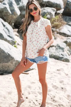 Clearance Dear-Lover Floral Print Embroidery Detail Crochet Cap Sleeve Blouse Pink