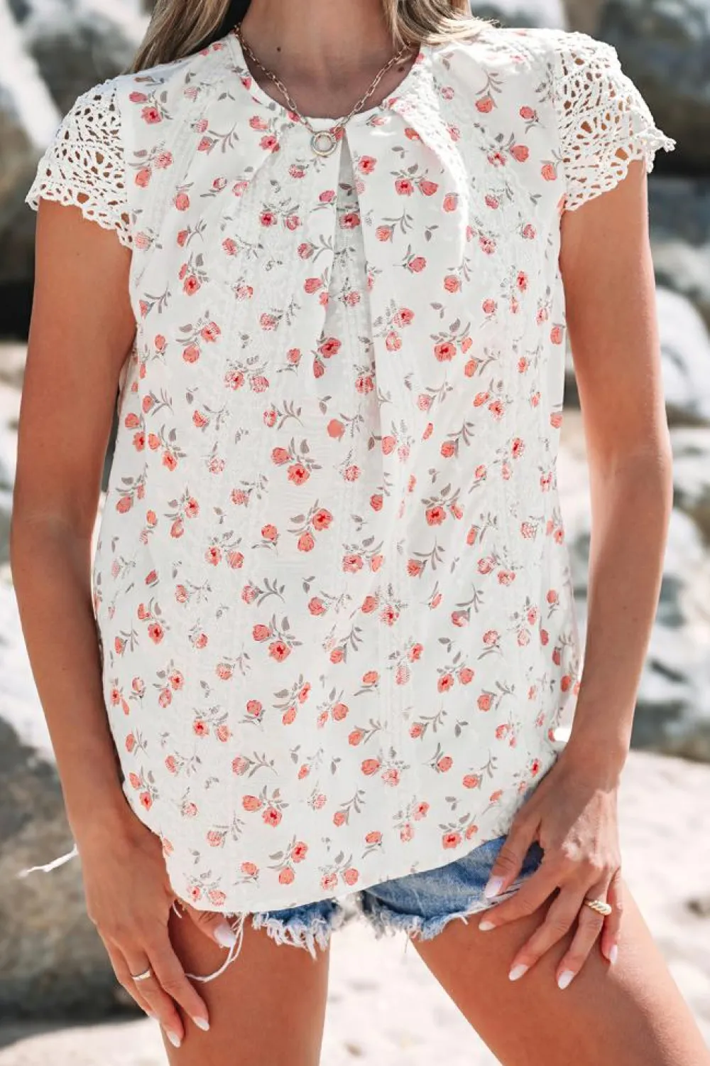 Clearance Dear-Lover Floral Print Embroidery Detail Crochet Cap Sleeve Blouse Pink