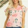 Sale Dear-Lover Floral Print Frilled V Neck Pleated Sleeve Blouse Pink
