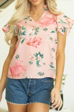 Sale Dear-Lover Floral Print Frilled V Neck Pleated Sleeve Blouse Pink