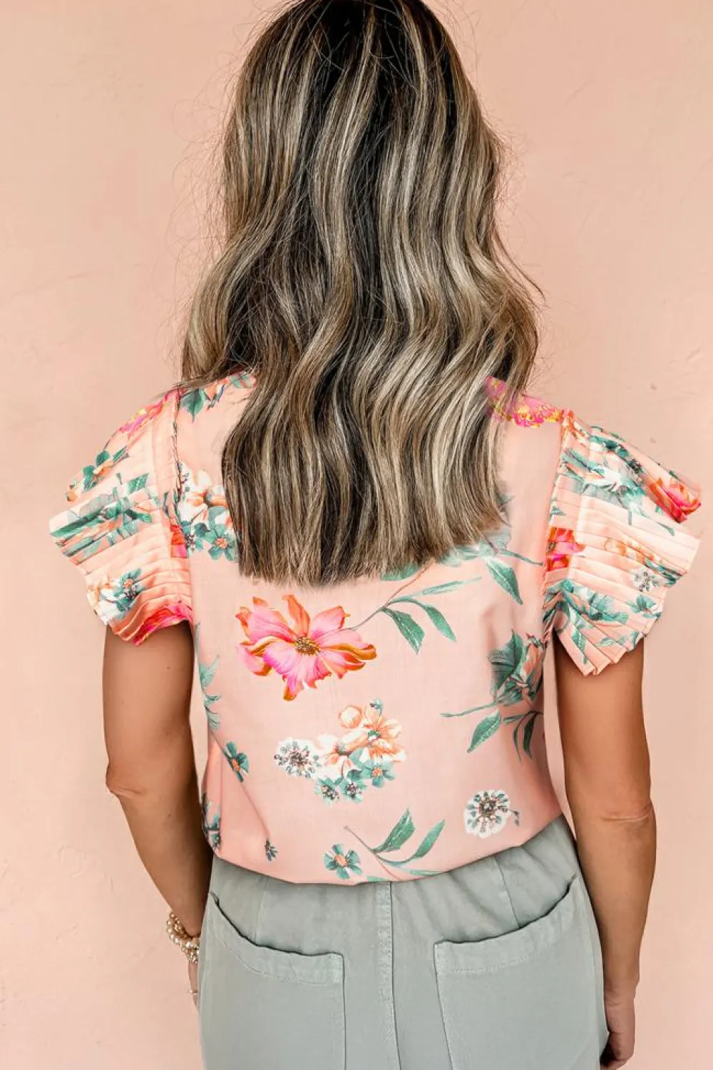 Sale Dear-Lover Floral Print Frilled V Neck Pleated Sleeve Blouse Pink