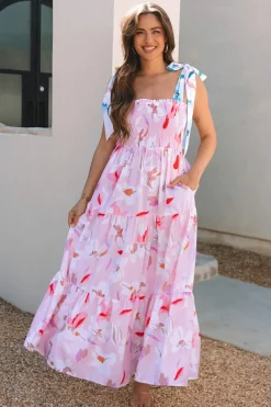 Hot Dear-Lover Floral Print Knotted Shoulder Smocked Maxi Dress Pink