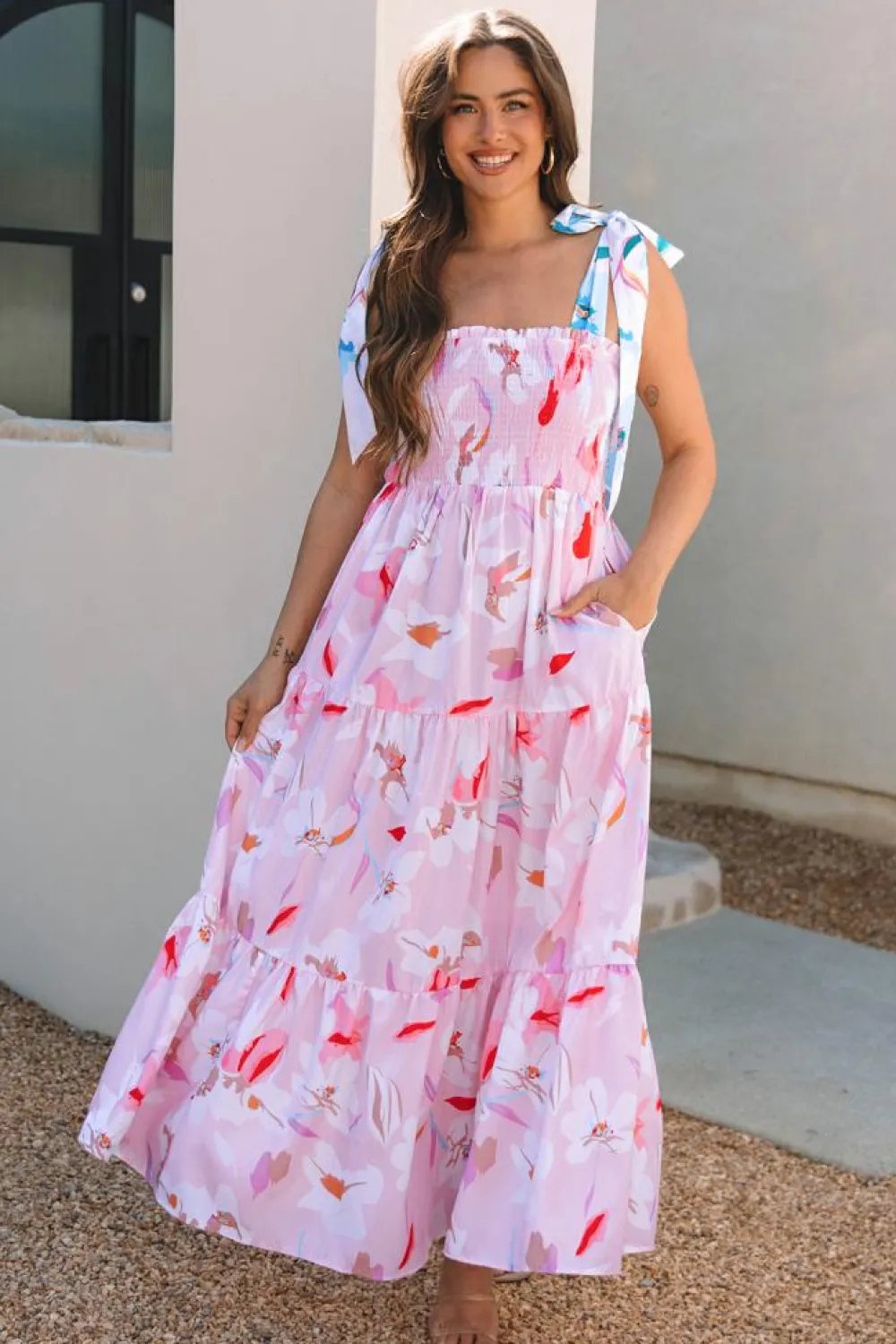Hot Dear-Lover Floral Print Knotted Shoulder Smocked Maxi Dress Pink