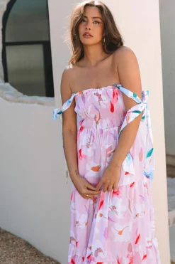 Hot Dear-Lover Floral Print Knotted Shoulder Smocked Maxi Dress Pink