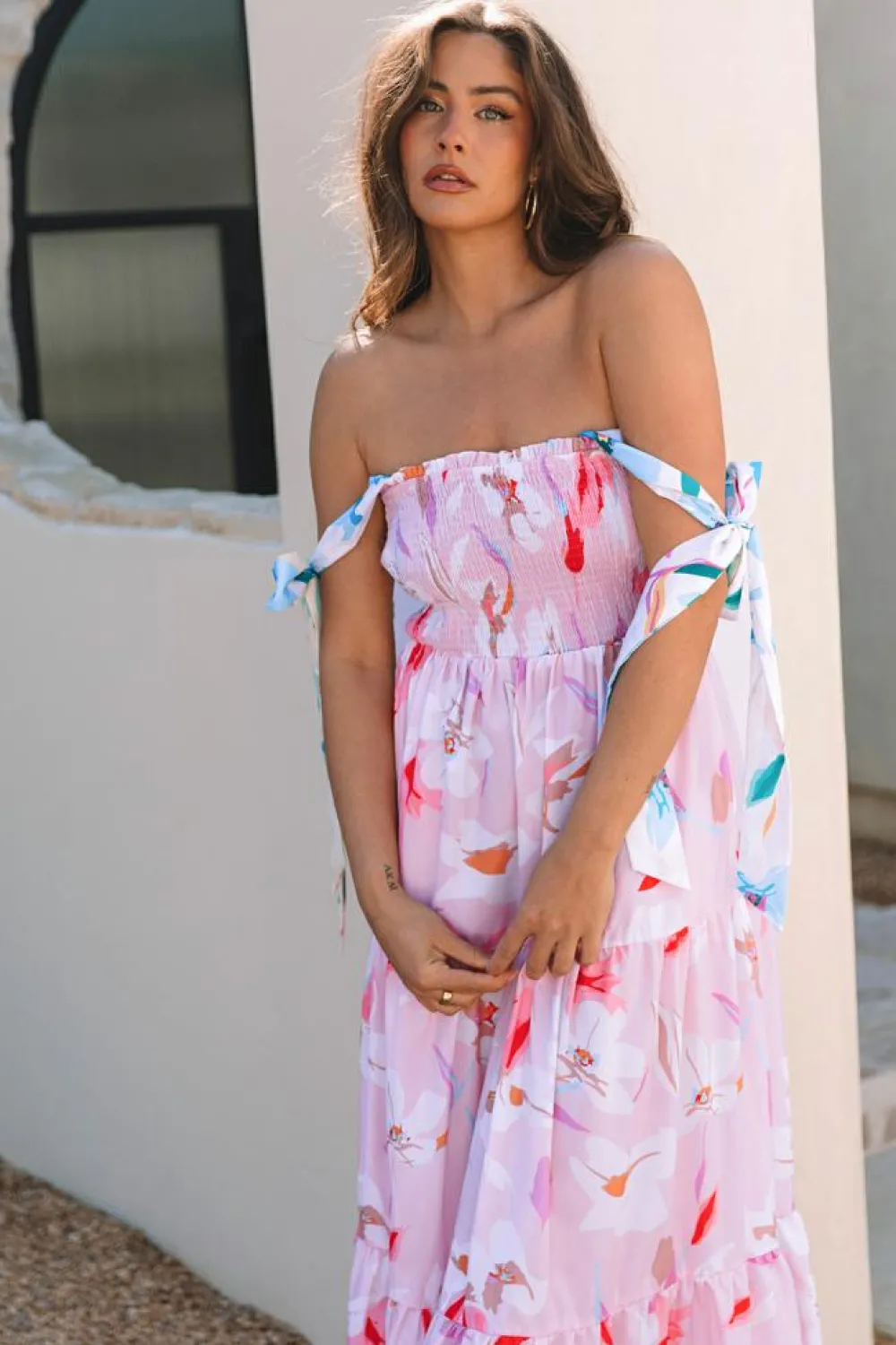 Hot Dear-Lover Floral Print Knotted Shoulder Smocked Maxi Dress Pink