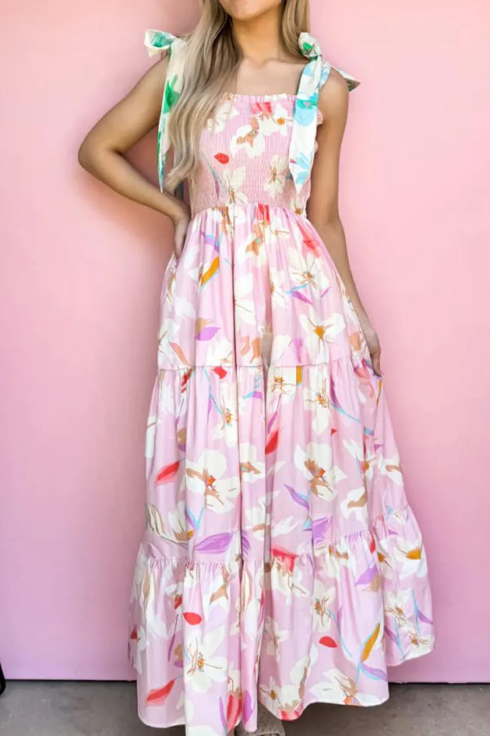 Hot Dear-Lover Floral Print Knotted Shoulder Smocked Maxi Dress Pink