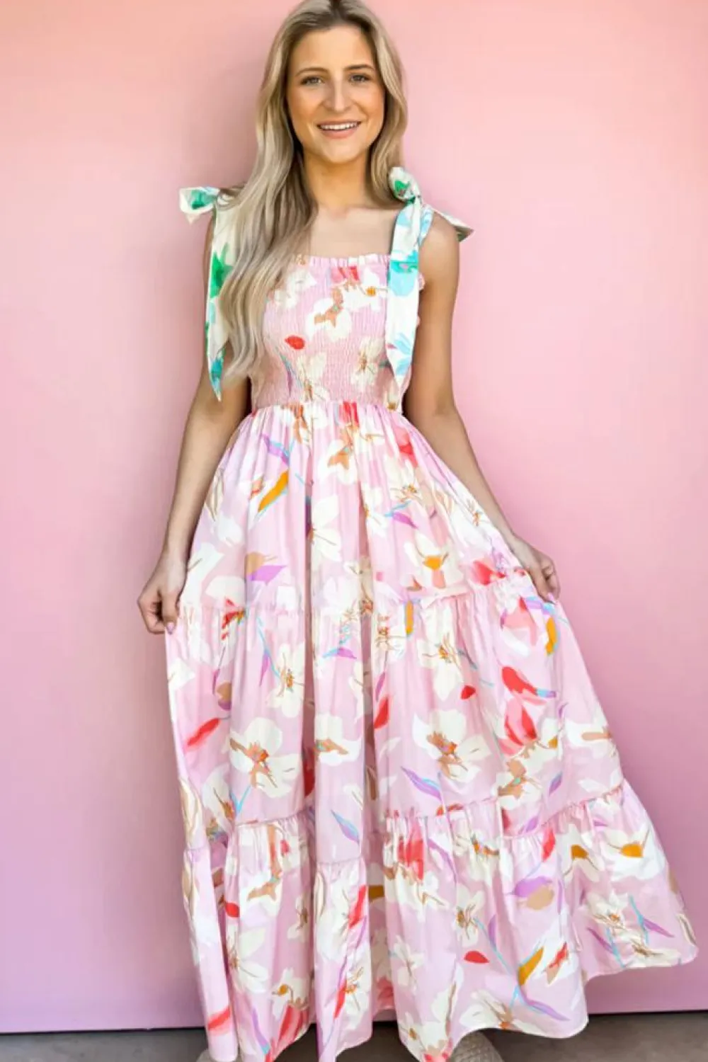 Hot Dear-Lover Floral Print Knotted Shoulder Smocked Maxi Dress Pink