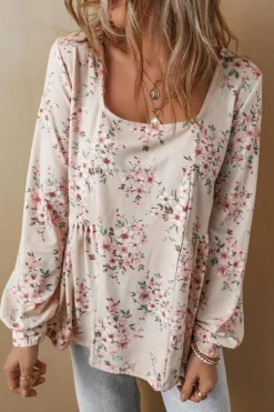 New Dear-Lover Floral Print Pleated U Neck Loose Fit Blouse Pink