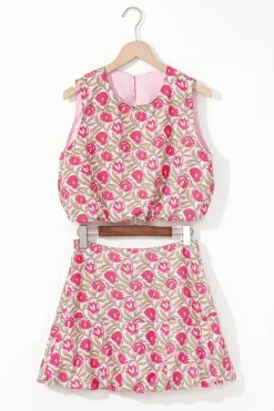 New Dear-Lover Floral Print Puffy Cropped Tank and Mini Skirt Set Pink