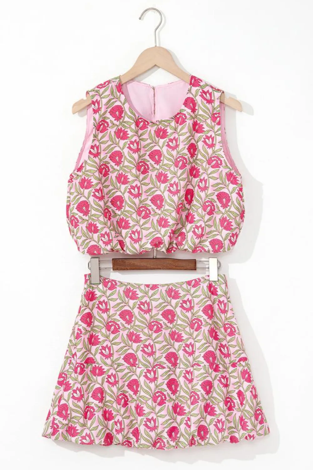 New Dear-Lover Floral Print Puffy Cropped Tank and Mini Skirt Set Pink