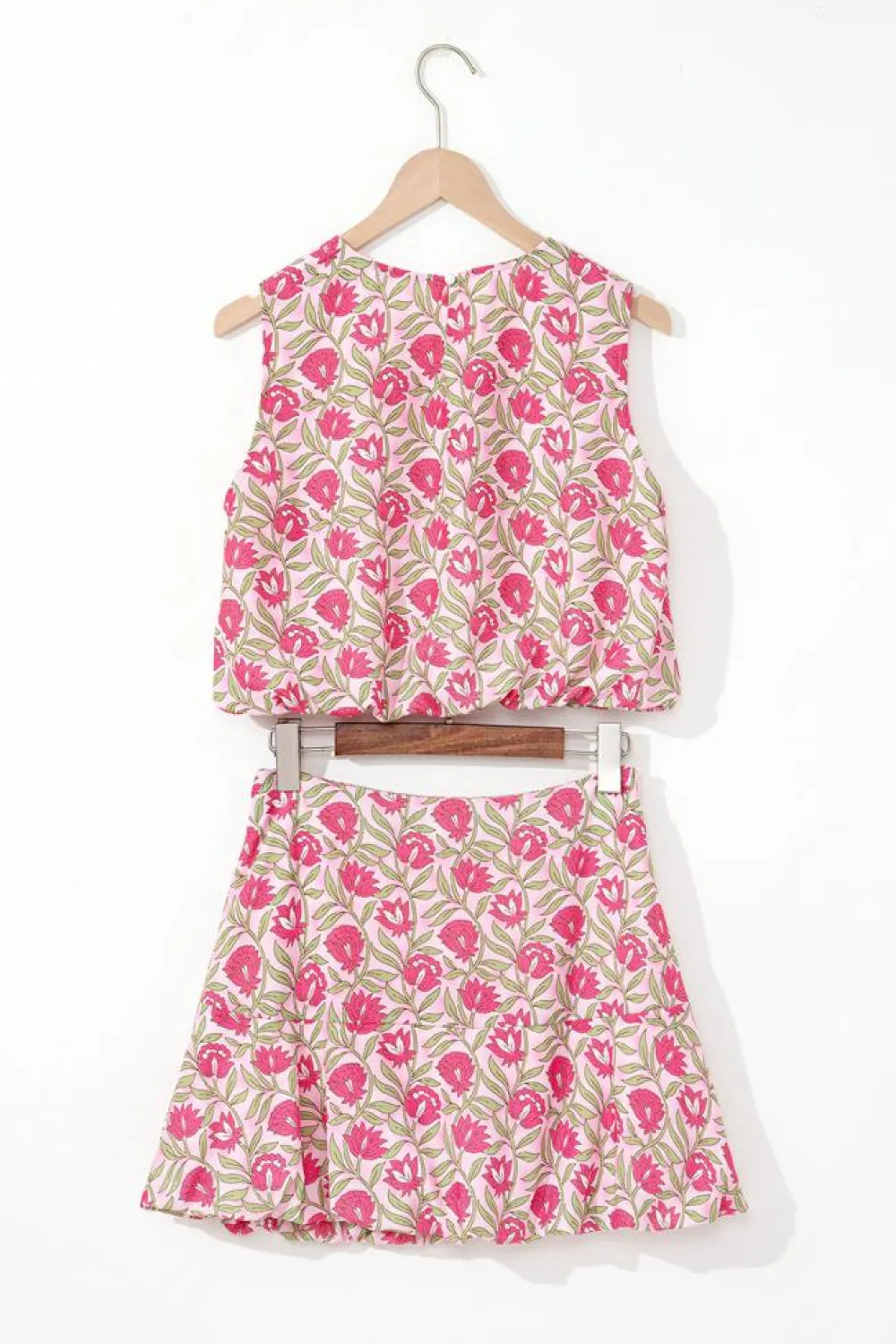 New Dear-Lover Floral Print Puffy Cropped Tank and Mini Skirt Set Pink