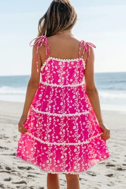 Fashion Dear-Lover Floral Print Ric Rac Patched Sleeveless Mini Dress Pink