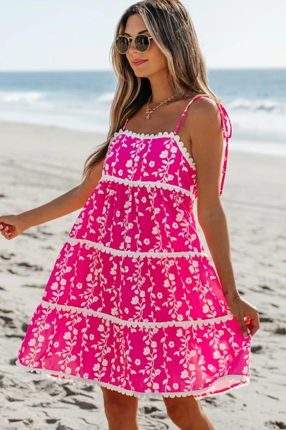 Fashion Dear-Lover Floral Print Ric Rac Patched Sleeveless Mini Dress Pink