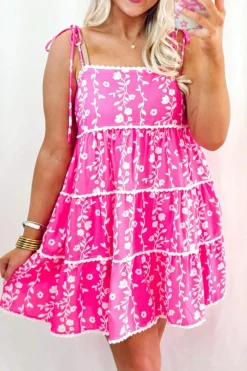 Fashion Dear-Lover Floral Print Ric Rac Patched Sleeveless Mini Dress Pink