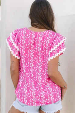 Outlet Dear-Lover Floral Print Ric-rac Tiered Ruffled V Neck Blouse Pink