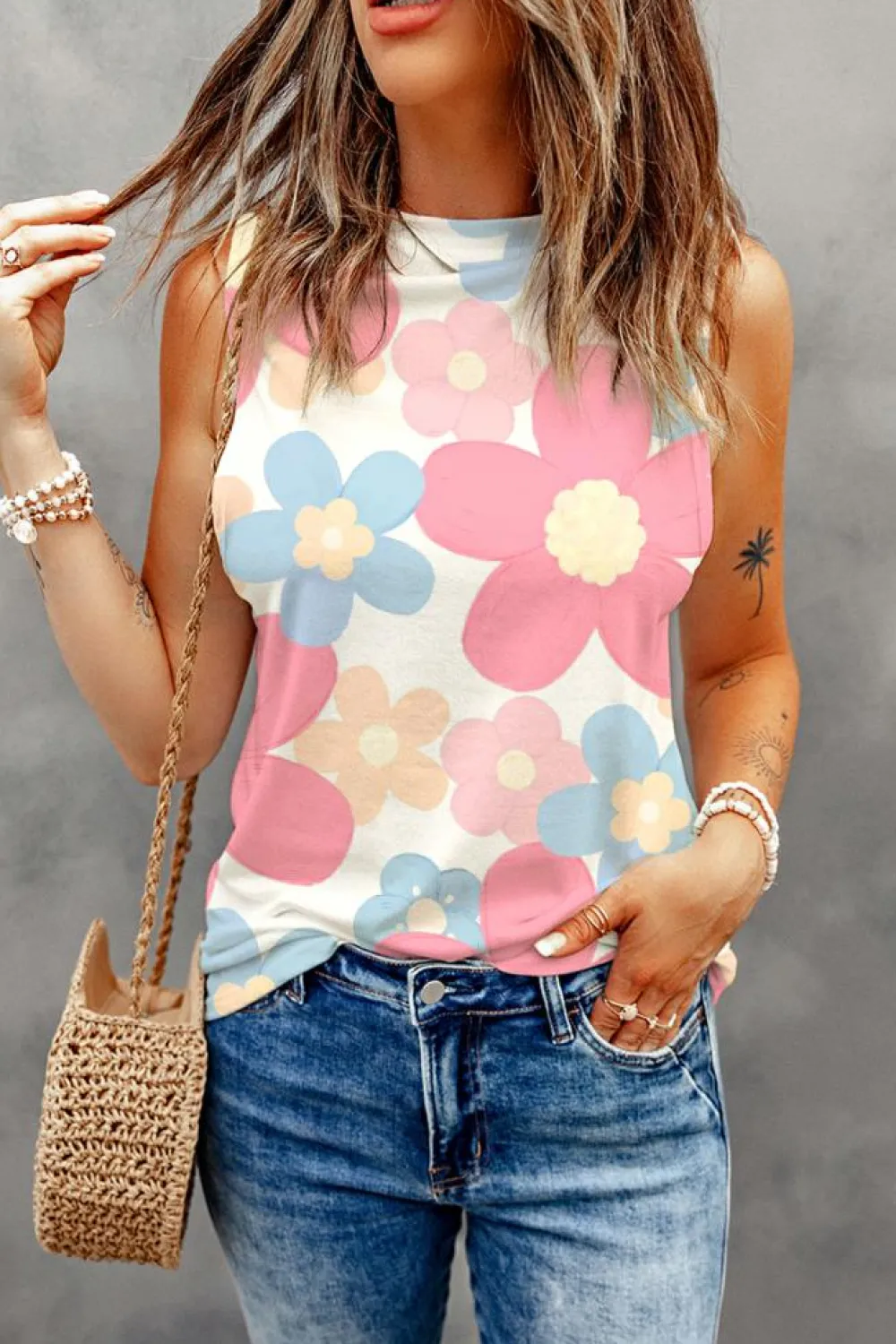 Discount Dear-Lover Floral Print Round Neck Sleeveless Top Pink