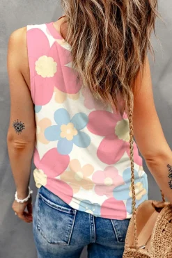 Discount Dear-Lover Floral Print Round Neck Sleeveless Top Pink