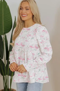 Online Dear-Lover Floral Print Shirred Balloon Sleeve Keyhole Back Babydoll Blouse Pink