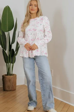 Online Dear-Lover Floral Print Shirred Balloon Sleeve Keyhole Back Babydoll Blouse Pink