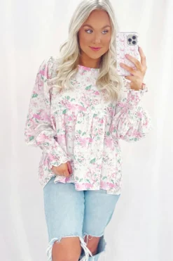 Online Dear-Lover Floral Print Shirred Balloon Sleeve Keyhole Back Babydoll Blouse Pink