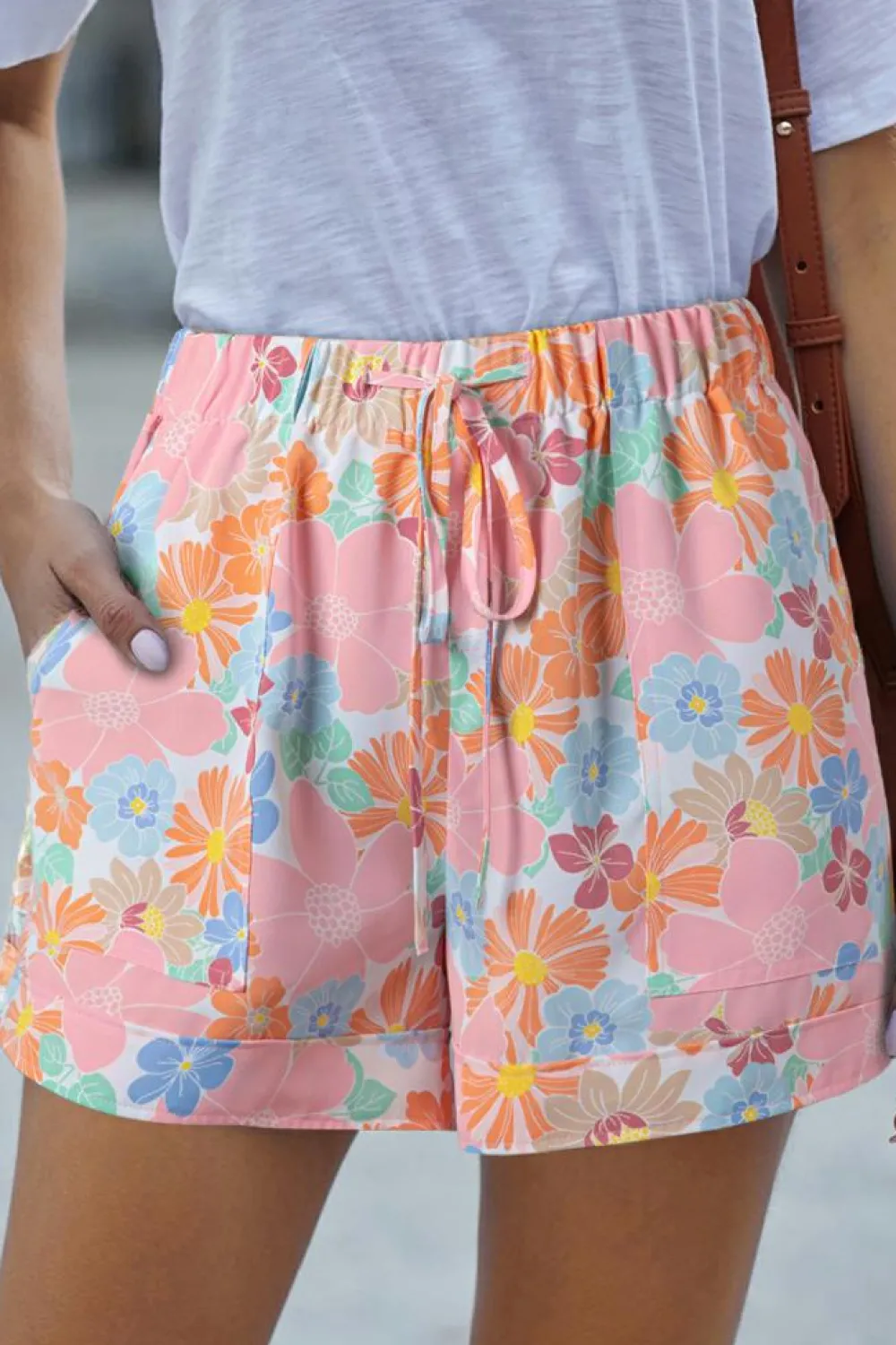 New Dear-Lover Floral Print Side Pockets Drawstring Casual Shorts Pink