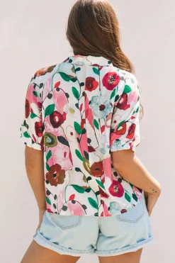 Clearance Dear-Lover Floral Print Slit V Neck Short Sleeve Blouse Pink