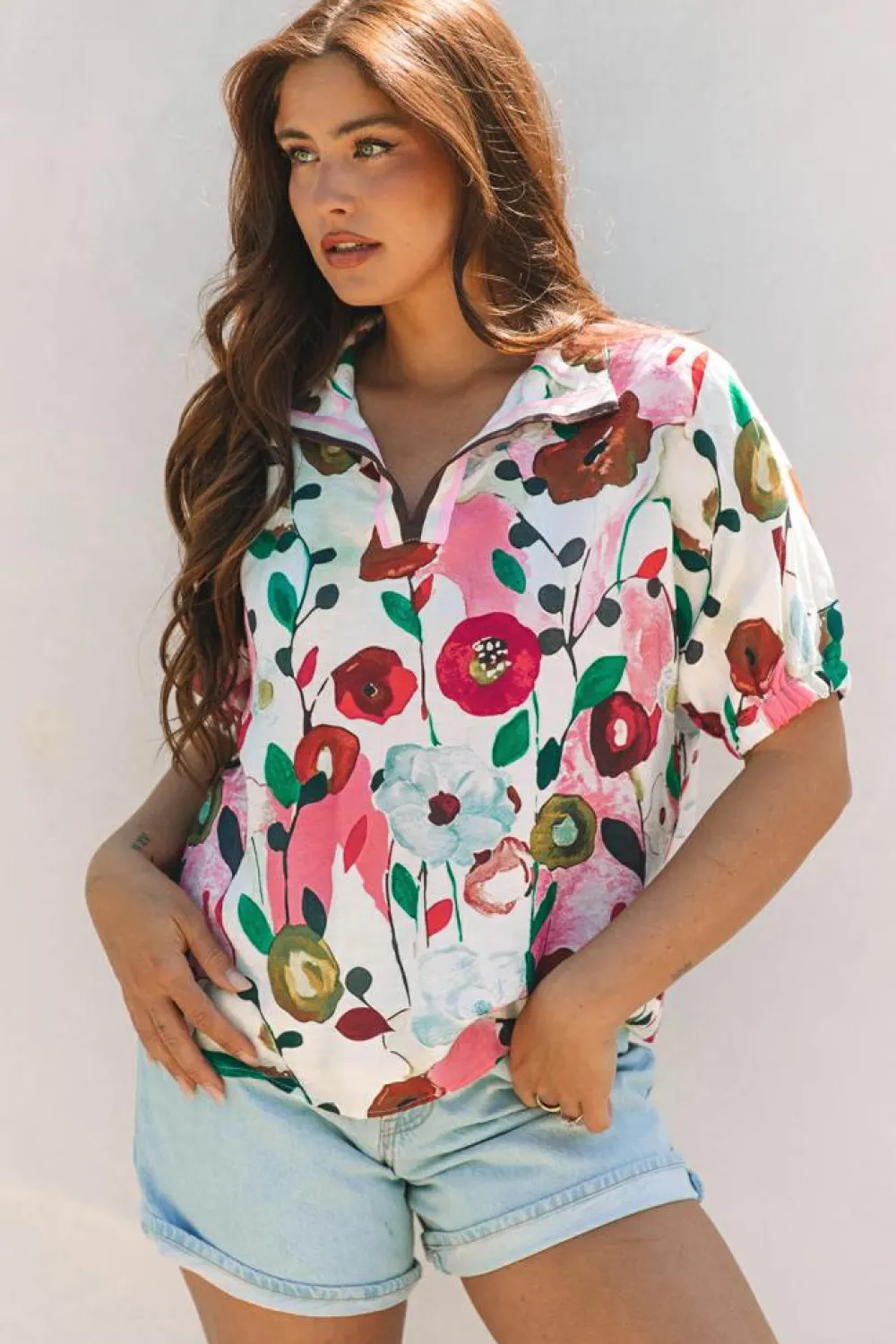 Clearance Dear-Lover Floral Print Slit V Neck Short Sleeve Blouse Pink