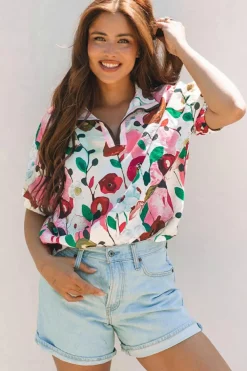 Clearance Dear-Lover Floral Print Slit V Neck Short Sleeve Blouse Pink