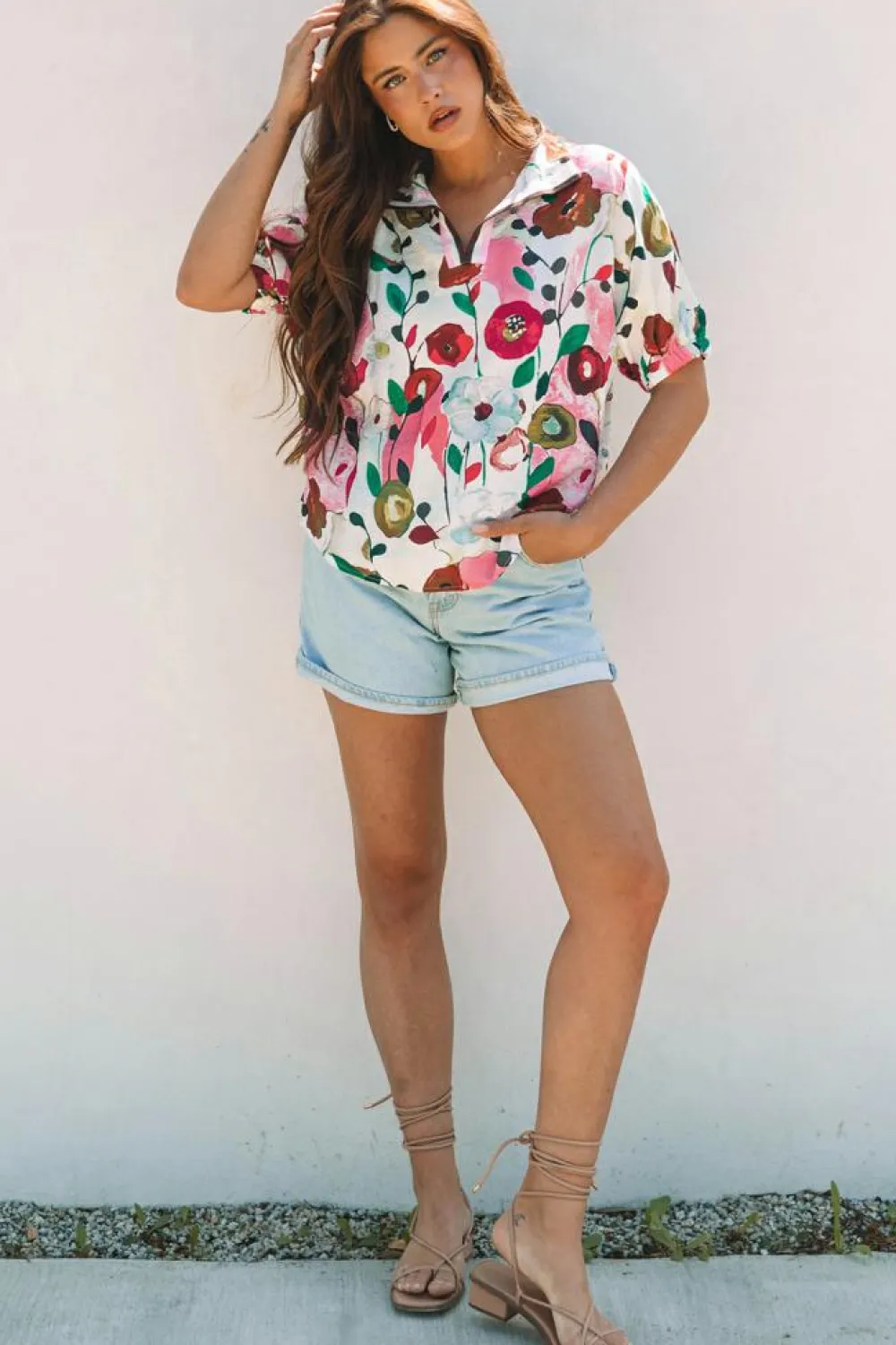 Clearance Dear-Lover Floral Print Slit V Neck Short Sleeve Blouse Pink
