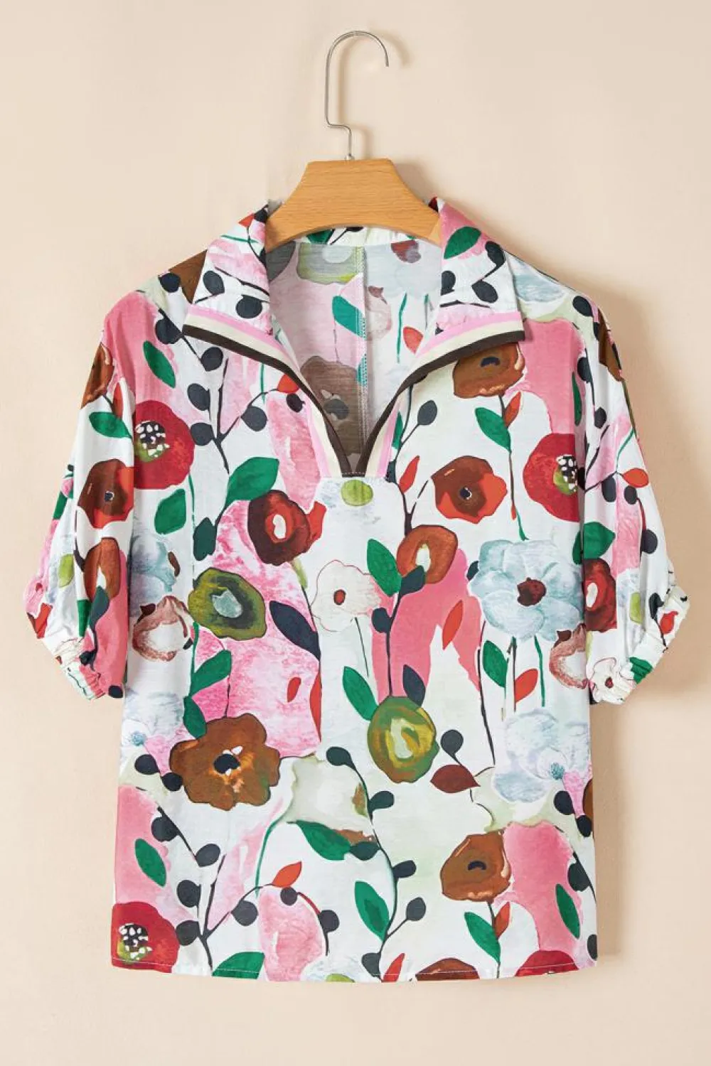 Clearance Dear-Lover Floral Print Slit V Neck Short Sleeve Blouse Pink