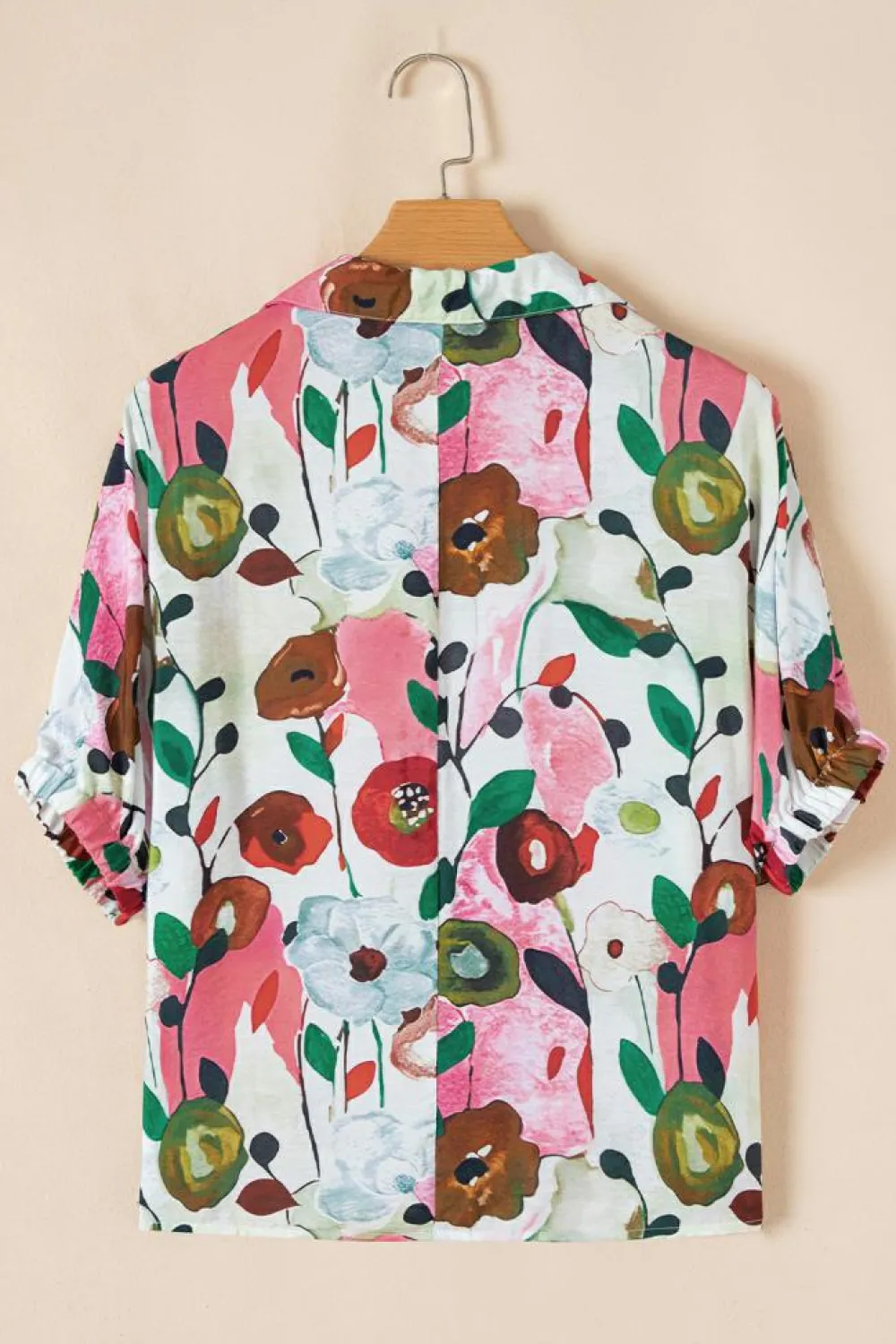 Clearance Dear-Lover Floral Print Slit V Neck Short Sleeve Blouse Pink