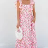 Fashion Dear-Lover Floral Print Square Neck Ruffled Strap Maxi Dress Pink